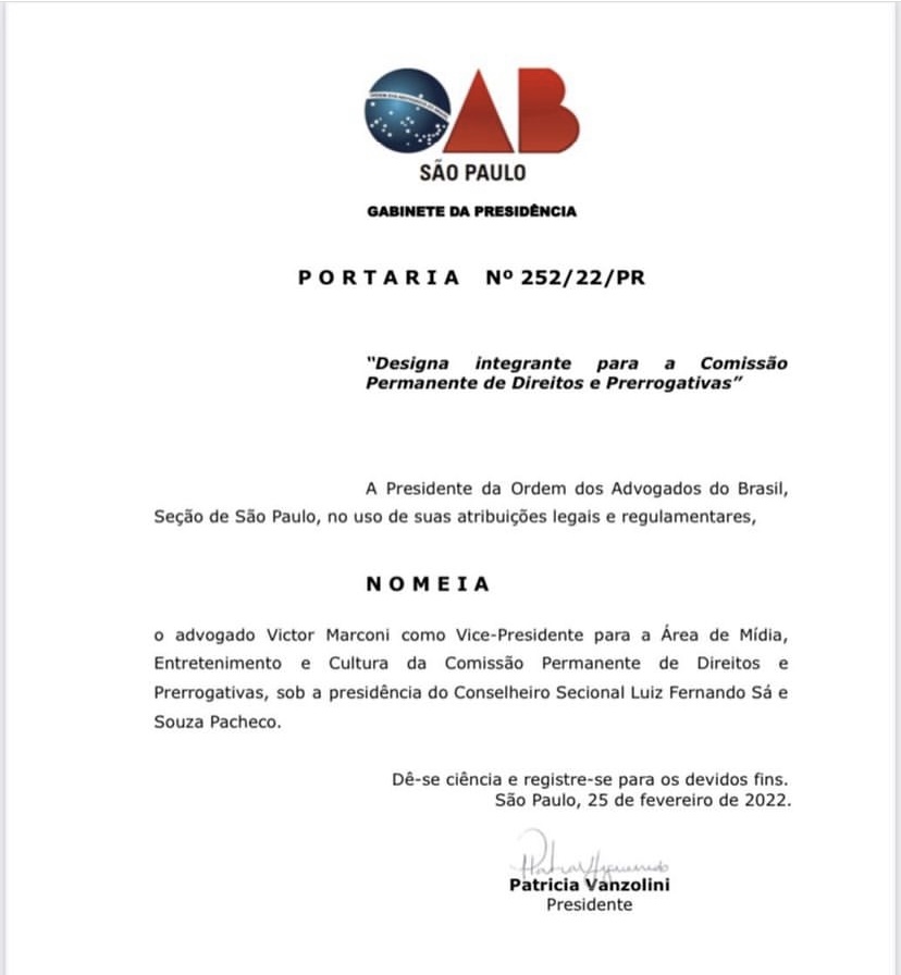 Portaria - Nomeação Vice-Presidente de Mídia e Entretenimento